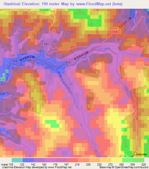 Utashinai,Japan Elevation Map