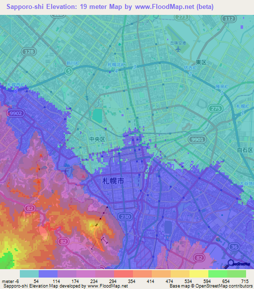 Sapporo-shi,Japan Elevation Map