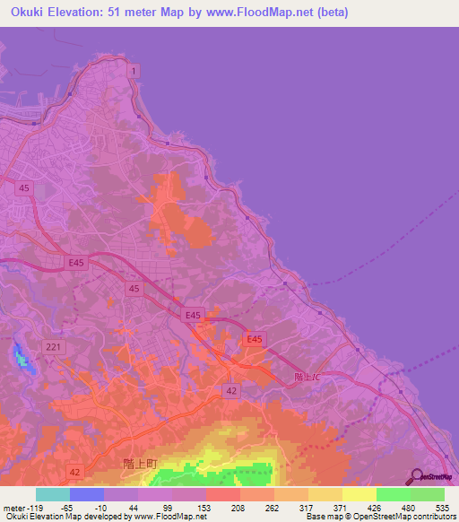 Okuki,Japan Elevation Map