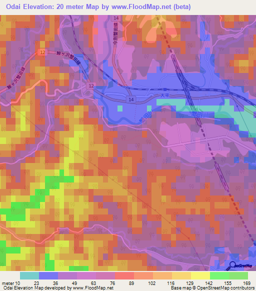 Odai,Japan Elevation Map
