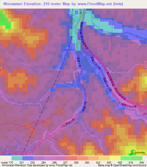 Ninowatari,Japan Elevation Map