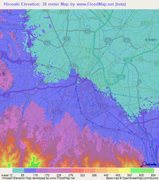 Hirosaki,Japan Elevation Map