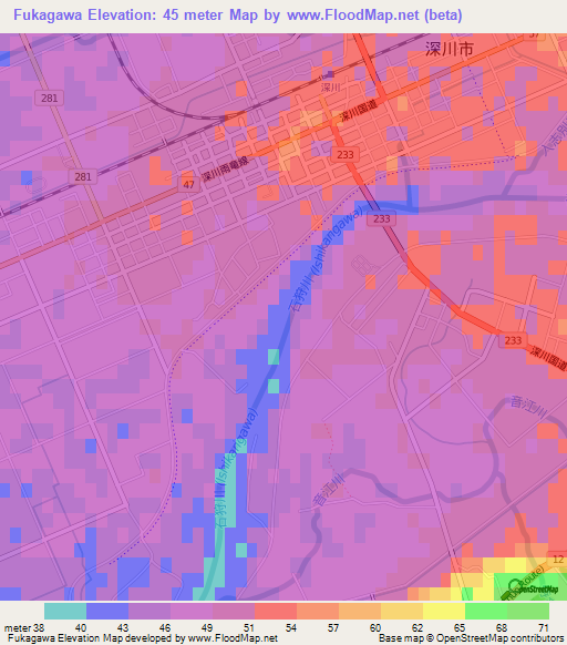Fukagawa,Japan Elevation Map