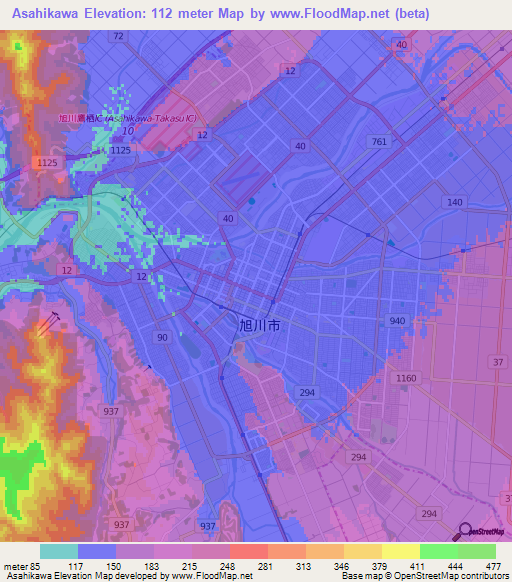 Asahikawa,Japan Elevation Map