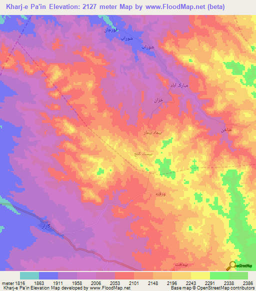 Kharj-e Pa'in,Iran Elevation Map