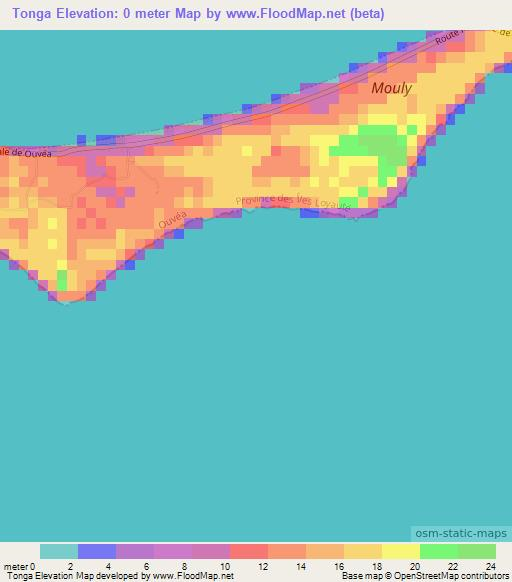 Tonga,New Caledonia Elevation Map