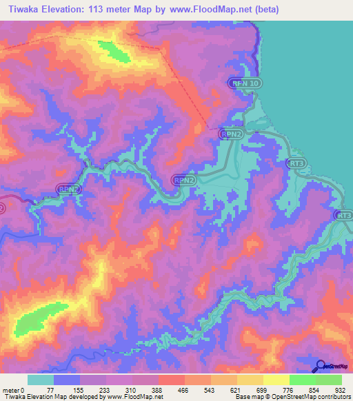 Tiwaka,New Caledonia Elevation Map