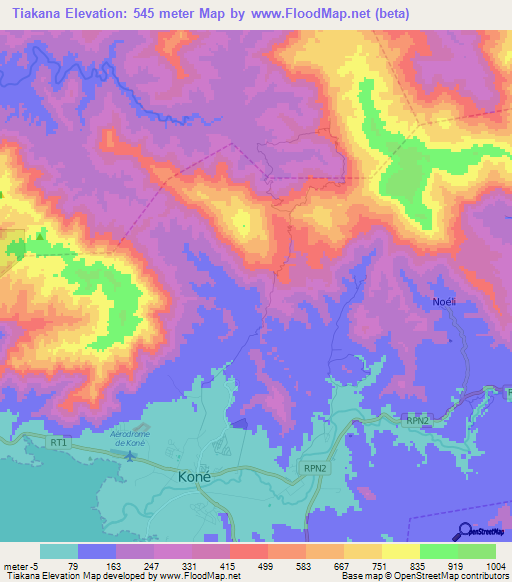 Tiakana,New Caledonia Elevation Map