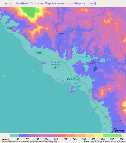 Tenjai,New Caledonia Elevation Map