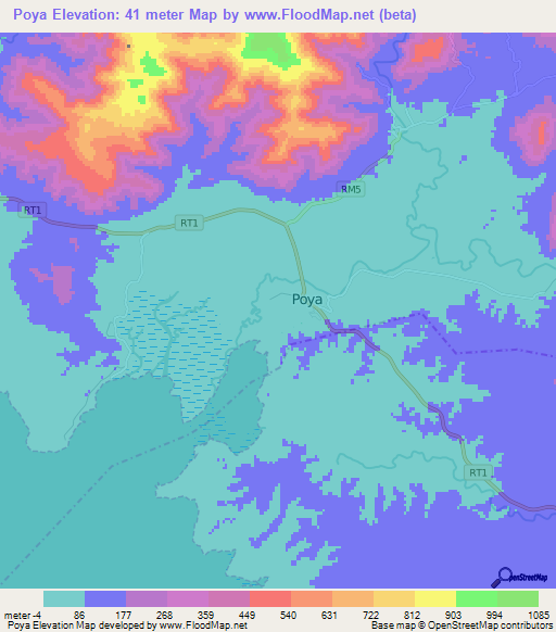 Poya,New Caledonia Elevation Map