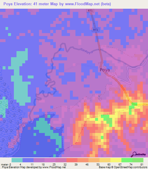Poya,New Caledonia Elevation Map