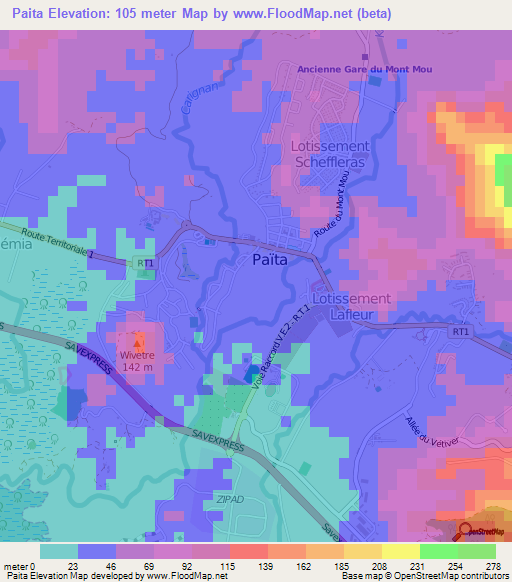 Paita,New Caledonia Elevation Map