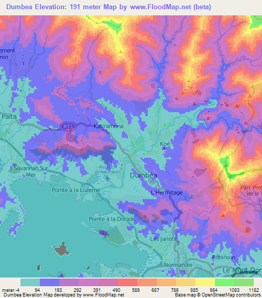 Dumbea,New Caledonia Elevation Map