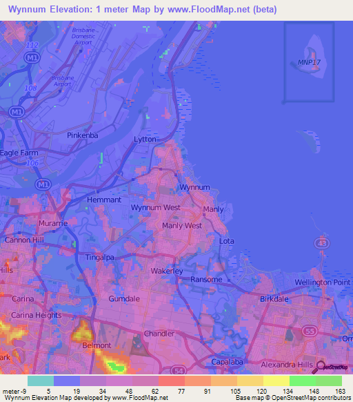 Wynnum,Australia Elevation Map