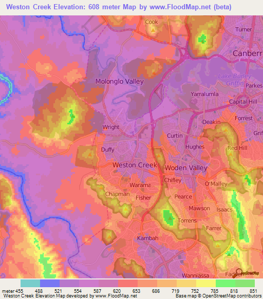 Weston Creek,Australia Elevation Map