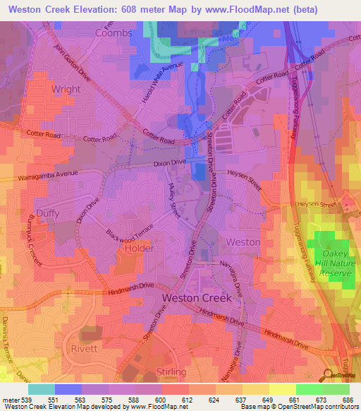 Weston Creek,Australia Elevation Map