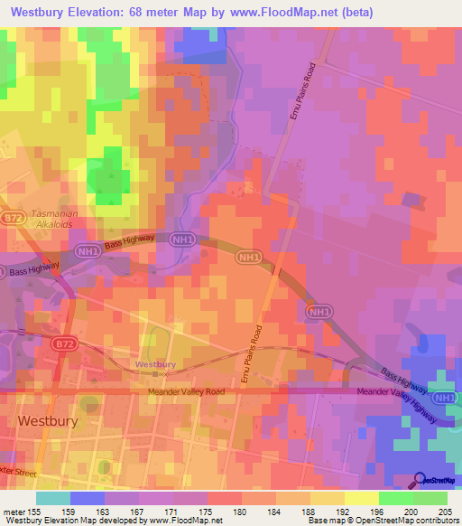 Westbury,Australia Elevation Map