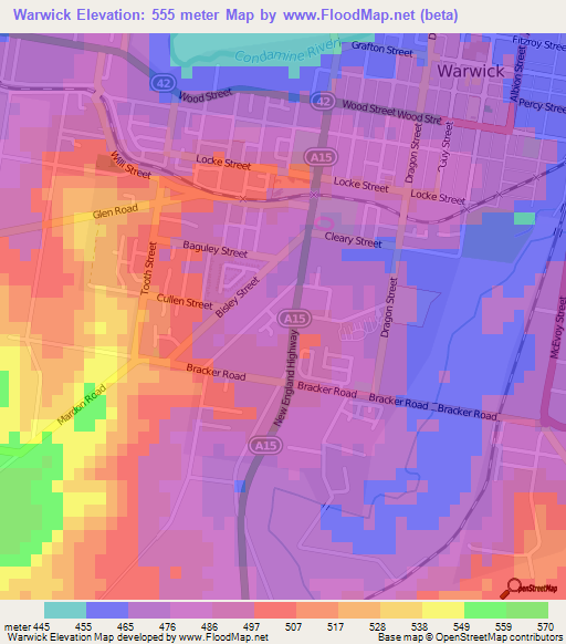 Warwick,Australia Elevation Map