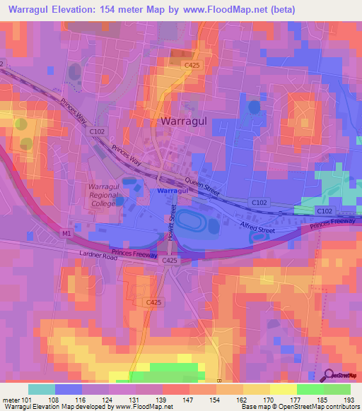 Warragul,Australia Elevation Map
