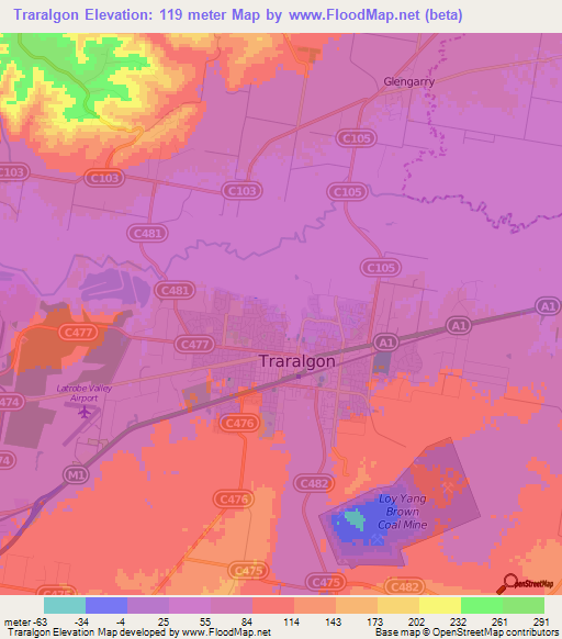 Traralgon,Australia Elevation Map
