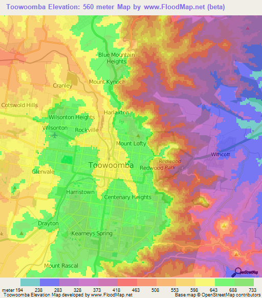 Toowoomba,Australia Elevation Map