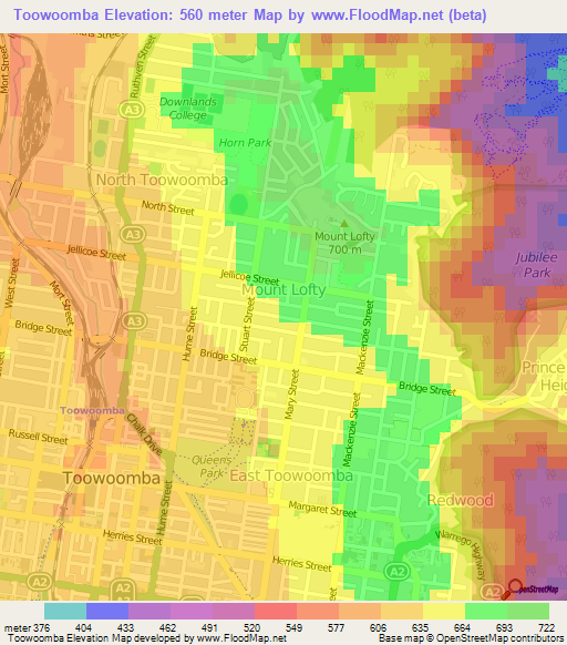 Toowoomba,Australia Elevation Map