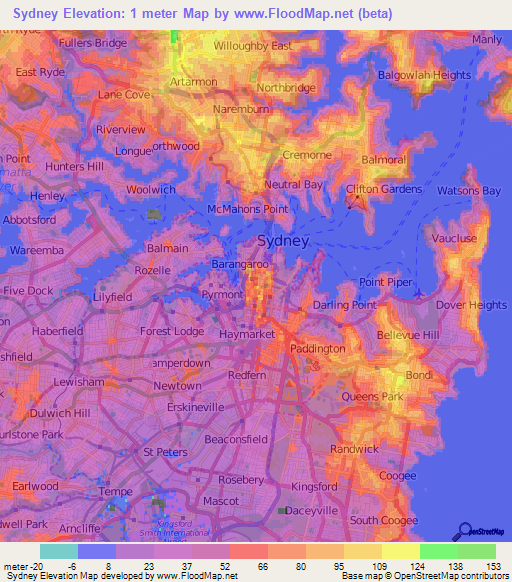 Sydney,Australia Elevation Map