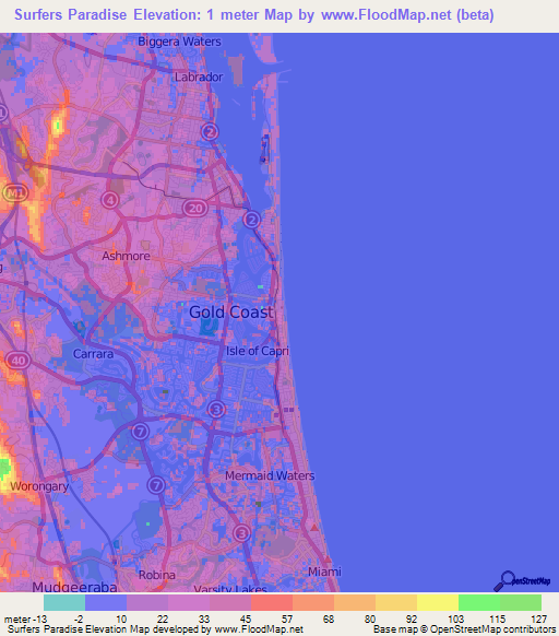 Surfers Paradise,Australia Elevation Map