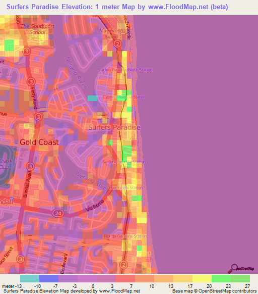 Surfers Paradise,Australia Elevation Map