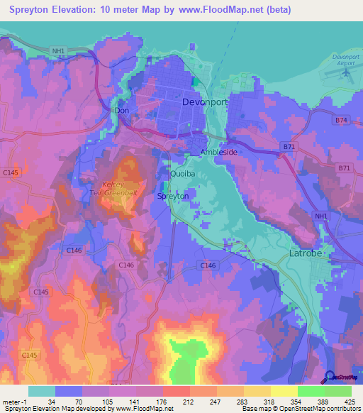 Spreyton,Australia Elevation Map
