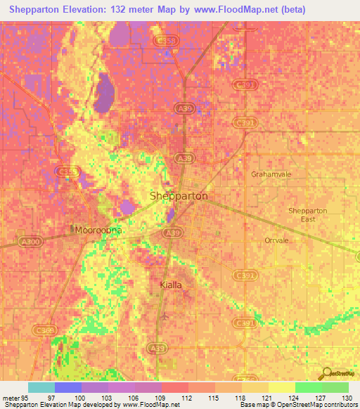 Shepparton,Australia Elevation Map