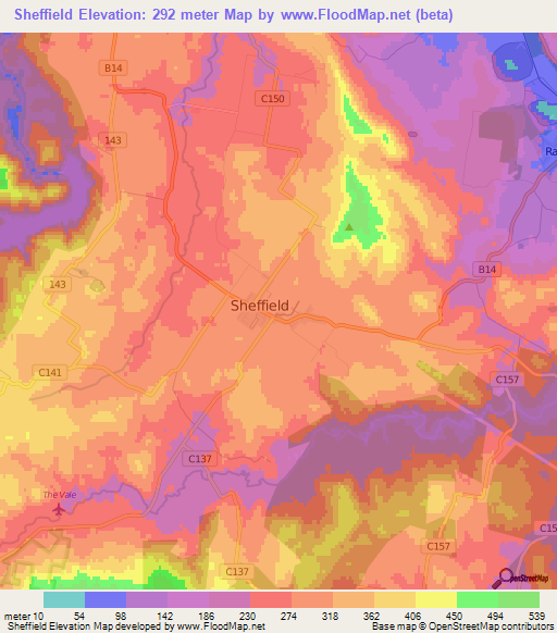 Sheffield,Australia Elevation Map
