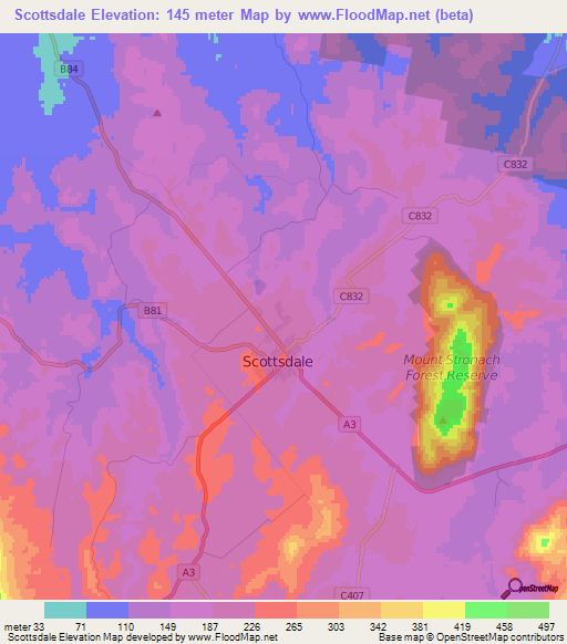 Scottsdale,Australia Elevation Map