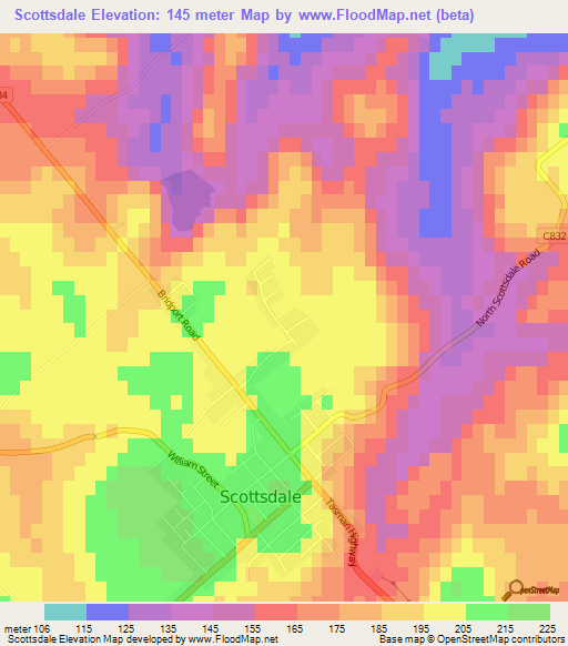 Scottsdale,Australia Elevation Map