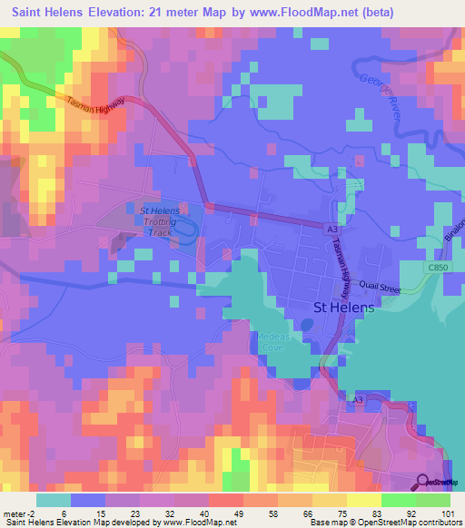 Saint Helens,Australia Elevation Map