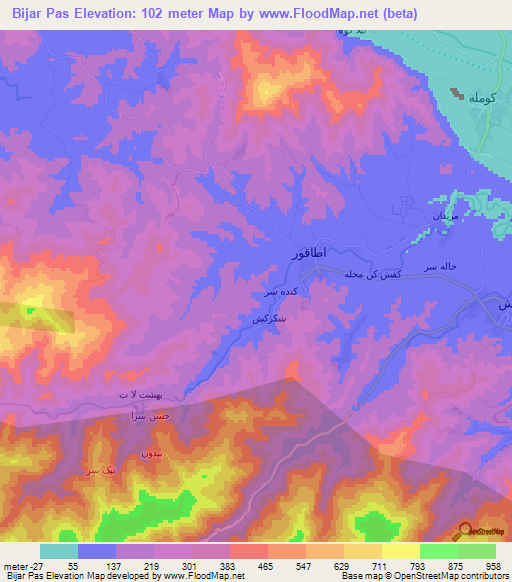 Bijar Pas,Iran Elevation Map