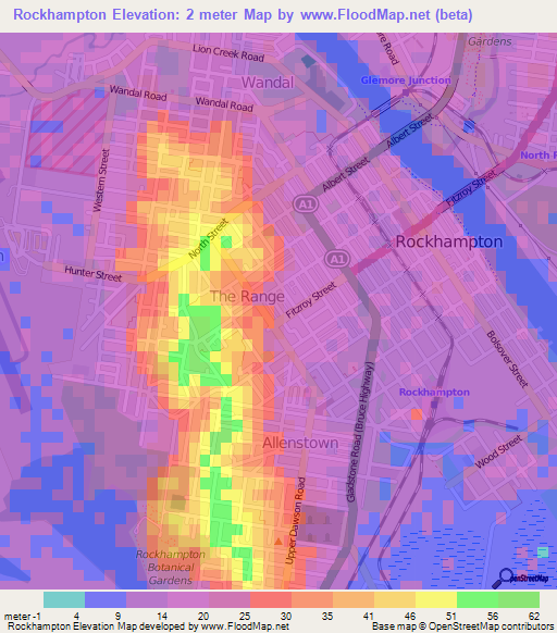Rockhampton,Australia Elevation Map