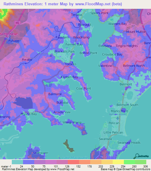 Rathmines,Australia Elevation Map