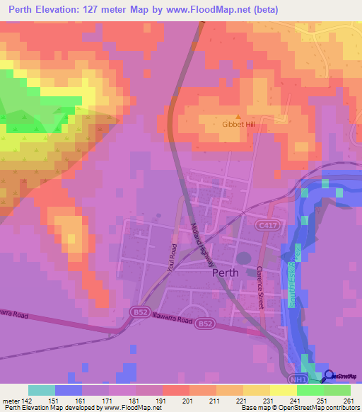 Perth,Australia Elevation Map