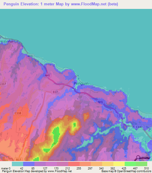 Penguin,Australia Elevation Map