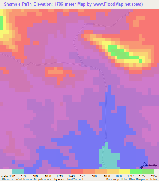 Shams-e Pa'in,Iran Elevation Map