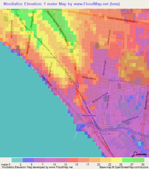 Mordialloc,Australia Elevation Map