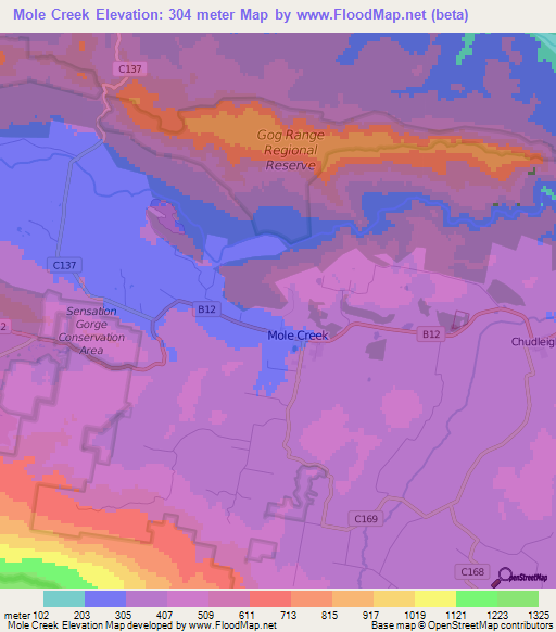 Mole Creek,Australia Elevation Map
