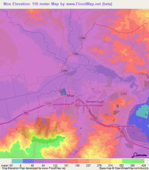Moe,Australia Elevation Map