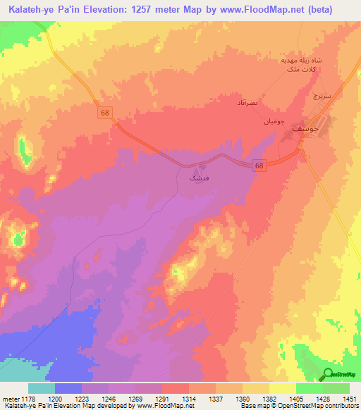 Kalateh-ye Pa'in,Iran Elevation Map