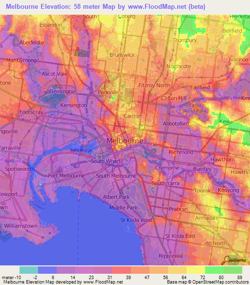 Melbourne,Australia Elevation Map