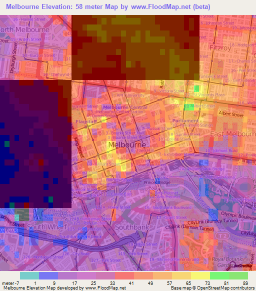 Melbourne,Australia Elevation Map