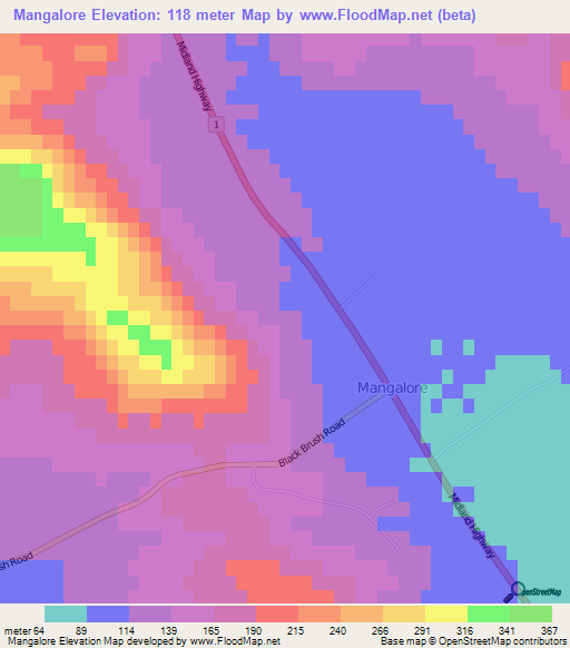 Mangalore,Australia Elevation Map