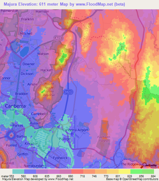 Majura,Australia Elevation Map