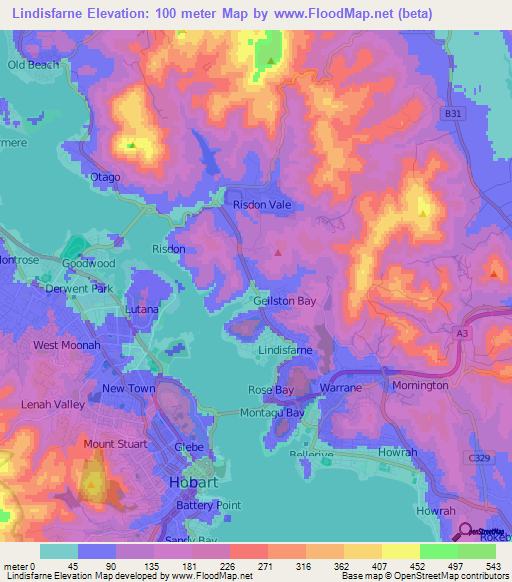 Lindisfarne,Australia Elevation Map